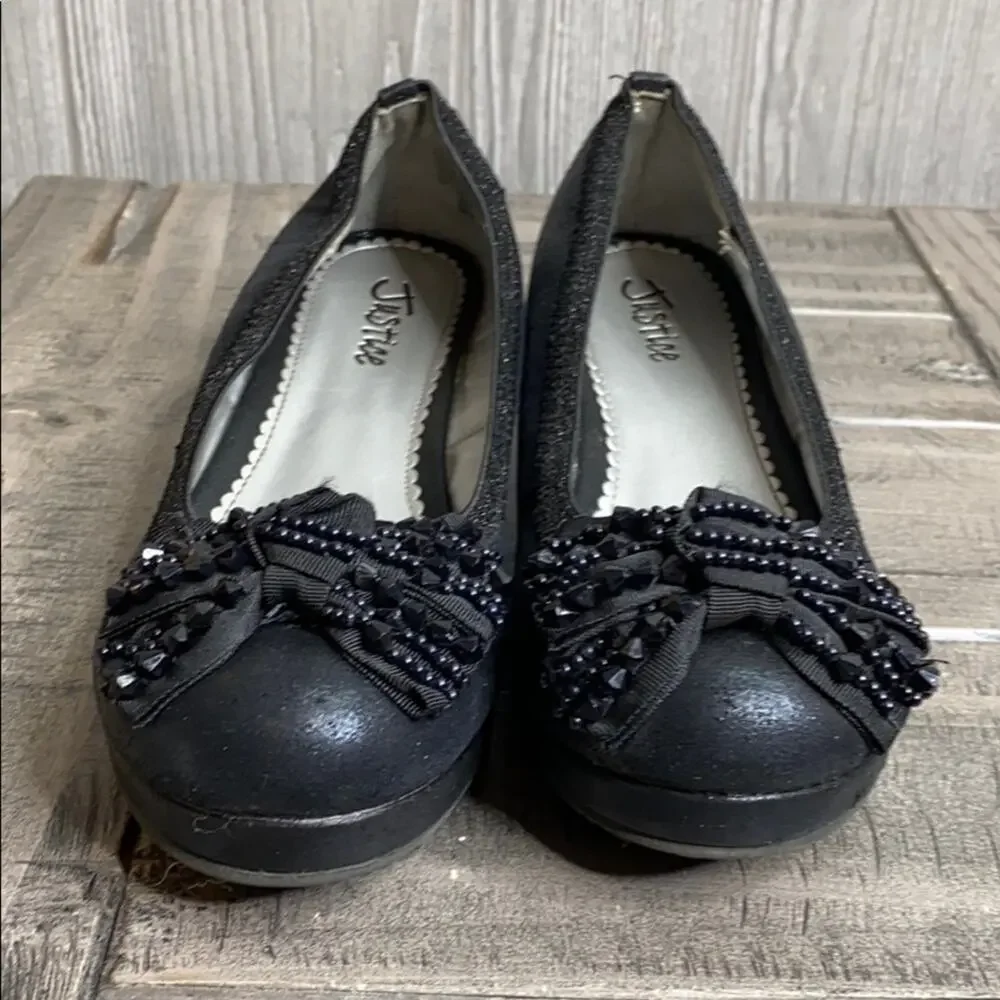 Justice Black Floral Beaded Bow Wedges 4